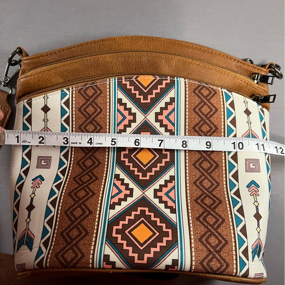 Boho Aztec Style Brown Crossbody Purse retro Canvas Western Pockets& Long Strap - Picture 7 of 7